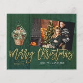 Budget Gold & Green Rustic Christmas One Photo チラシ (正面)