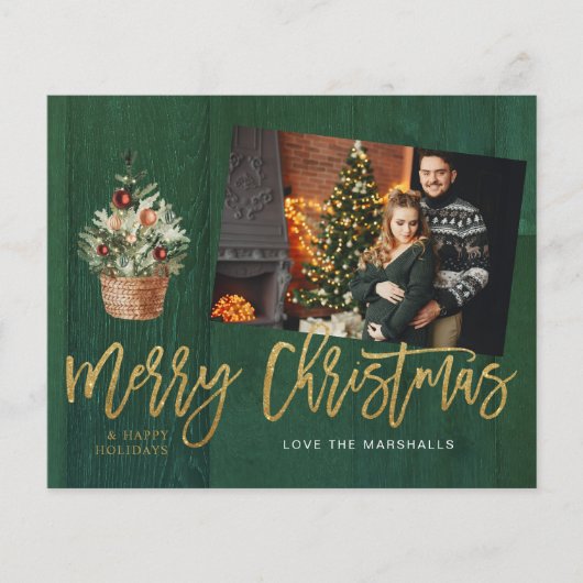 Budget Gold & Green Rustic Christmas One Photo チラシ (正面)