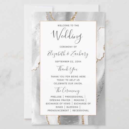 Budget Gray White Gold Agate Wedding Program (正面)