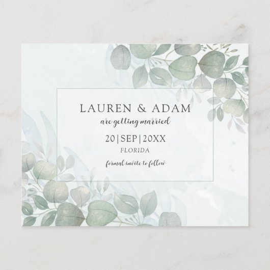Budget Green Eucalyptus Wedding Save the Date  (裏面)