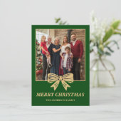 Budget Green & Gold Bow Family Christmas Photo シーズンカード (スタンド正面)