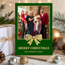 Budget Green & Gold Bow Family Christmas Photo