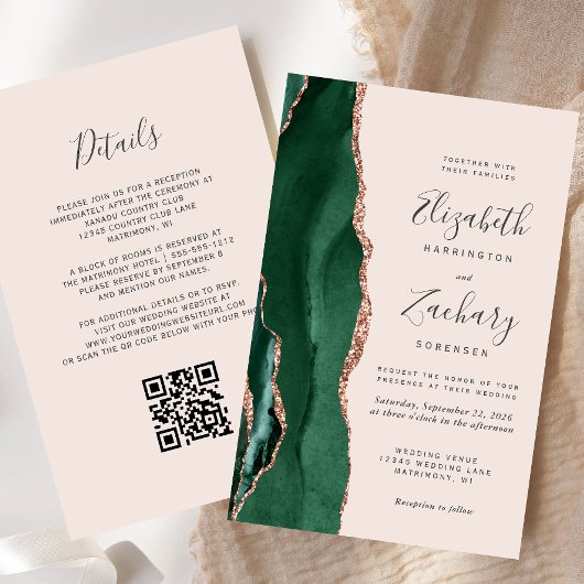 Budget Green Rose Gold Agate Blush QR Code Wedding