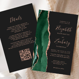 Budget Green Rose Gold Agate Dark QR Code Wedding