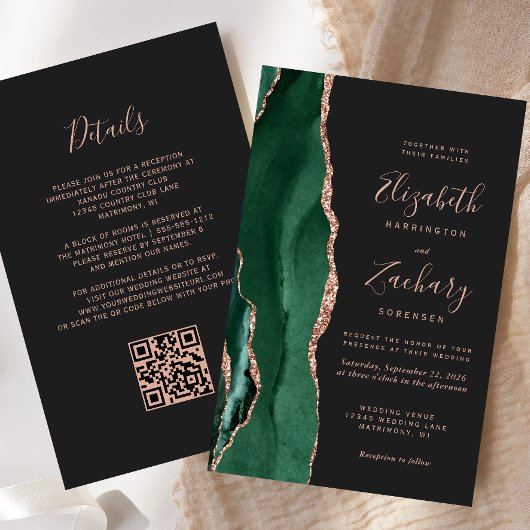 Budget Green Rose Gold Agate Dark QR Code Wedding