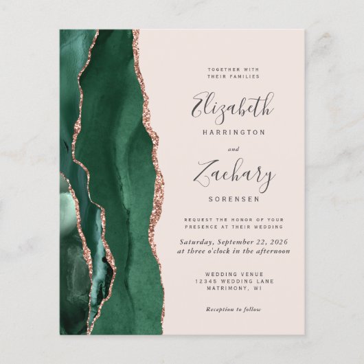 Budget Green Rose Gold Blush Photo Wedding Invite (正面)