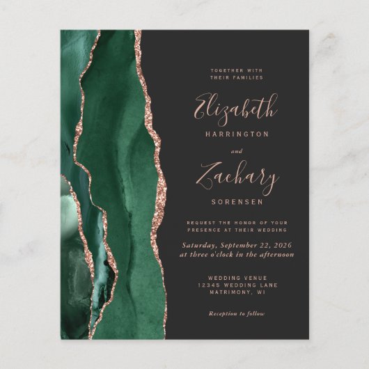 Budget Green Rose Gold Dark 4-Photo Wedding Invite (正面)