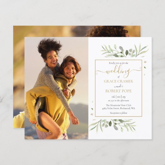 Budget Greenery写真スクリプト結婚式招待状 (正面/裏面)