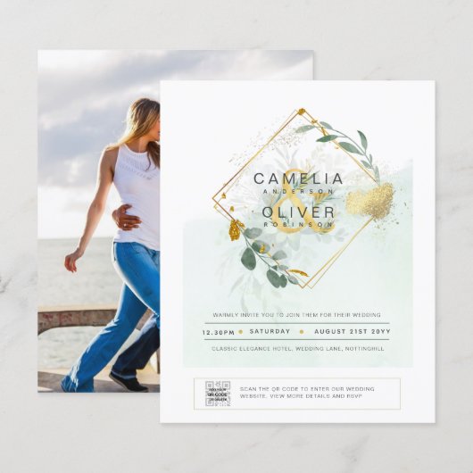 BUDGET Greenery写真結婚式招待状QRコード (正面/裏面)