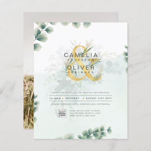 BUDGET Greenery写真結婚式招待状QRコード (正面/裏面)