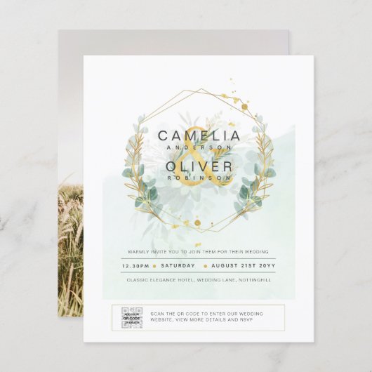 BUDGET Greenery写真結婚式招待状QRコード (正面/裏面)