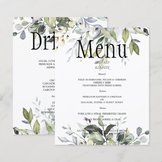 Budget Greenery水の色結婚のメニュー。 (正面/裏面)