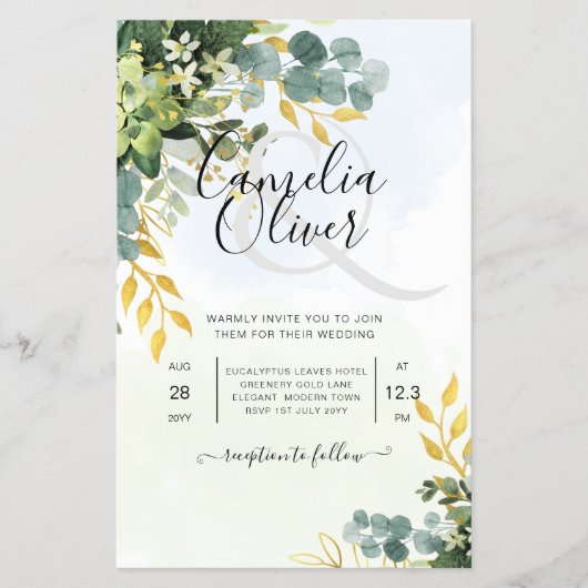BUDGET Greenery Gold Eucalyptus Leaves Wedding チラシ (正面)
