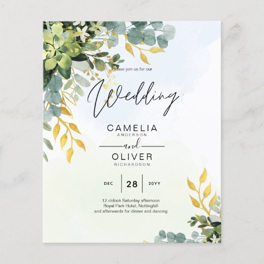 BUDGET Greenery Gold Eucalyptus Leaves Wedding チラシ (正面)