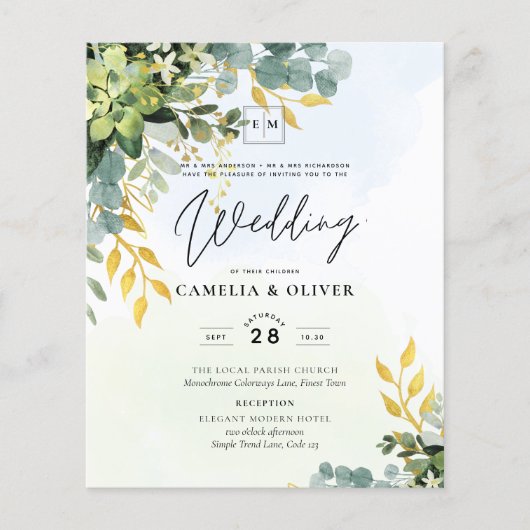 BUDGET Greenery Gold Eucalyptus Leaves Wedding チラシ (正面)
