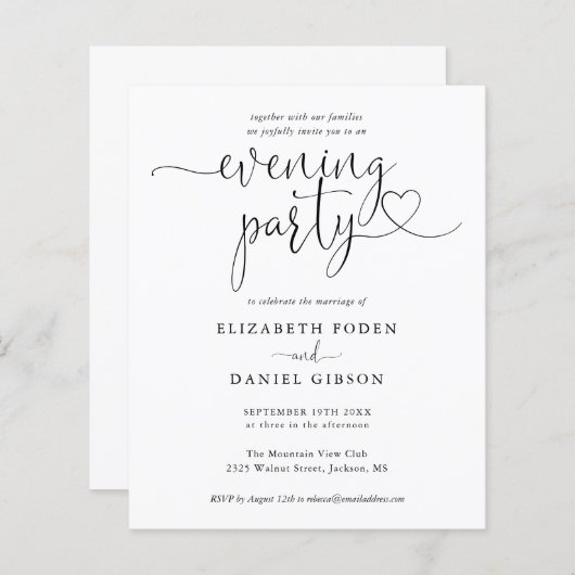 Budget Heart Script Evening Party Wedding Invite (正面/裏面)