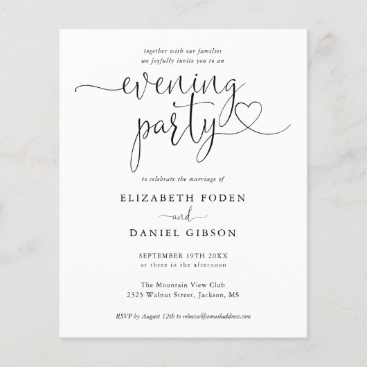 Budget Heart Script Evening Party Wedding Invite (正面)