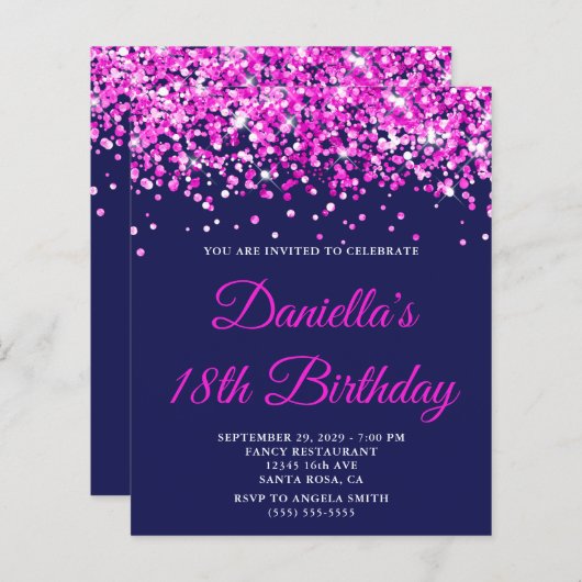 Budget Hot Pink Glitter Navy 18th Birthday Invite (正面/裏面)