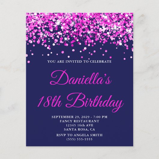 Budget Hot Pink Glitter Navy 18th Birthday Invite (正面)