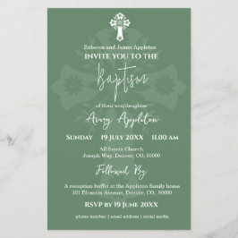 Budget Invitation Floral Cross Baptism Fern Green チラシ
