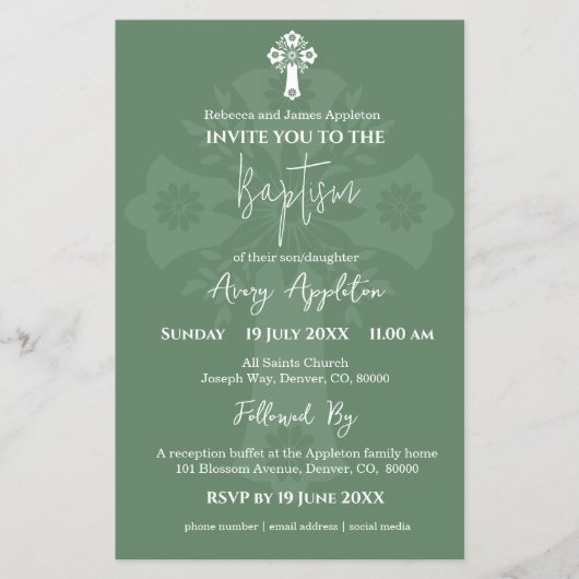 Budget Invitation Floral Cross Baptism Fern Green チラシ (正面)