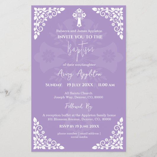 Budget Invitation Floral Cross Baptism Lilac チラシ (正面)