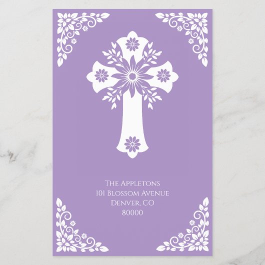 Budget Invitation Floral Cross Baptism Lilac チラシ (裏面)