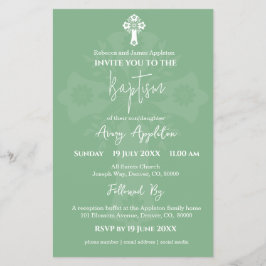Budget Invitation Floral Cross Baptism Sage Green チラシ