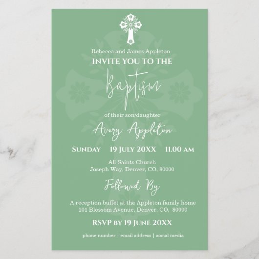 Budget Invitation Floral Cross Baptism Sage Green チラシ (正面)