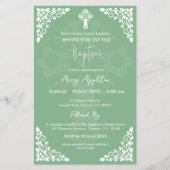 Budget Invitation Floral Cross Baptism Sage Green チラシ (正面)