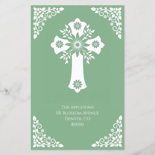Budget Invitation Floral Cross Baptism Sage Green チラシ (裏面)