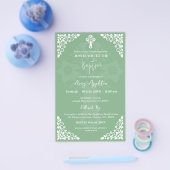 Budget Invitation Floral Cross Baptism Sage Green チラシ (シングル)