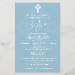 Budget Invitation Floral Cross Baptism Sky Blue チラシ
