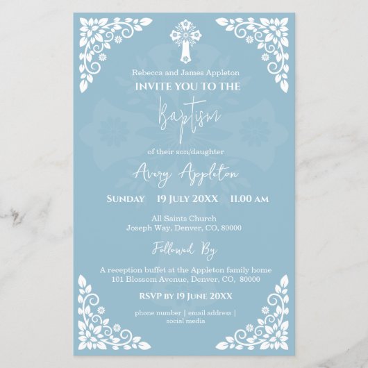 Budget Invitation Floral Cross Baptism Sky Blue チラシ (正面)