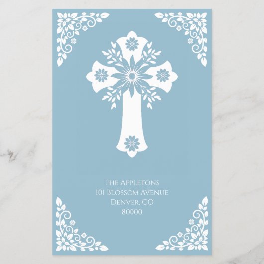 Budget Invitation Floral Cross Baptism Sky Blue チラシ (裏面)