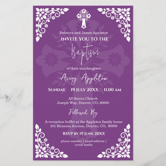 Budget Invitation Floral Cross Baptism Sweet Plum チラシ (正面)
