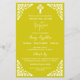 Budget Invitation Floral Cross Baptism Yellow チラシ