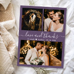 Budget Mauveフォトコラージュ結婚のサンキューカード<br><div class="desc">予算モダン,  "愛と感謝していエレガント"スクリ結婚プトMauveの3つの写真コラージュありがとう低い予算シンカード。このカードをカードストックに印刷するようにアップグレードできる。前面に3枚の写真、背面に1枚の写真を掲載。文字「愛と」を手で書いた感謝していタイポグラフィの台本フォントで渦巻形の、白い色のスワッシュをメイブまたは埃の多い梅の紫の色の背景に。名前とメッセージ感謝していを追加する。名前の間の小さなハートの形状。ノートもしを手書きしたい場合は、サンプル文字を削除して宇宙を増やす。注意：あなたのテキストのすべての情報、写真とスペルをチェックしてください。あなたが見るものを正確に受け取るので、印刷する前に何もチェックしない！ライブ頼デザインサービスを救済お願い。</div>