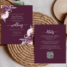 Budget Mauve Silver Floral QR Code Wedding Invite
