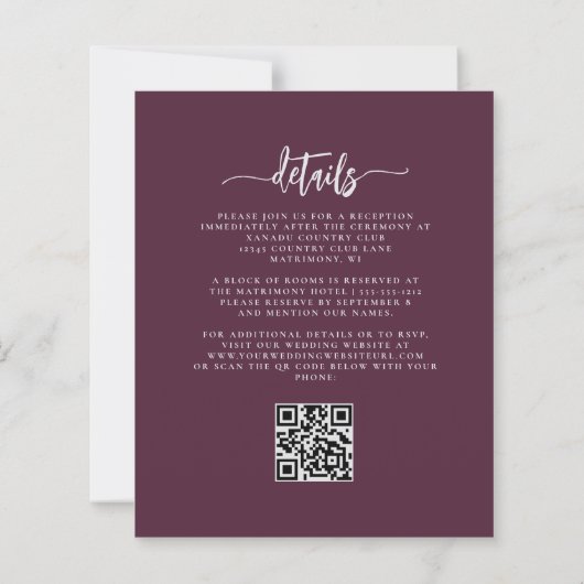 Budget Mauve Silver Floral QR Code Wedding Invite (裏面)