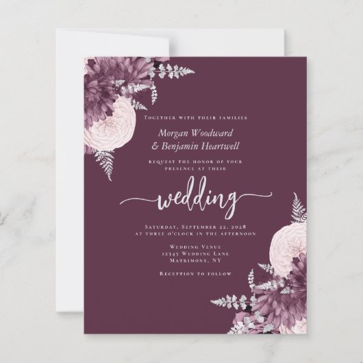Budget Mauve Silver Floral QR Code Wedding Invite (正面)