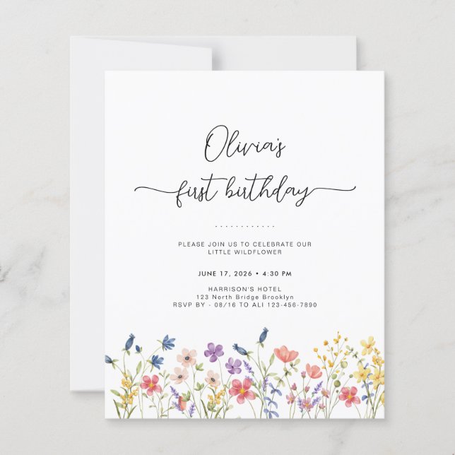 Budget Minimal Floral First Birthday Invitation (正面)