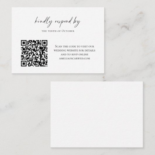 Budget Minimalist Black White Script RSVP QR Code  ノートカード (正面/裏面)