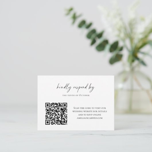 Budget Minimalist Black White Script RSVP QR Code  ノートカード (スタンド正面)