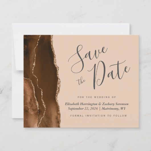 Budget Mocha Brown Agate Tan Wedding Save the Date (正面)