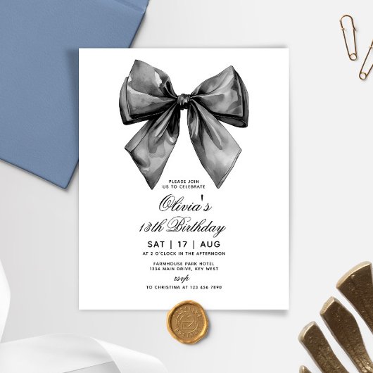 Budget Modern Black Bow Birthday Invitation