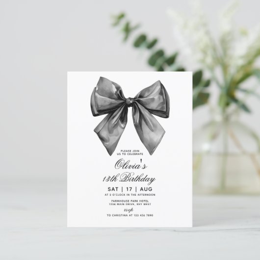 Budget Modern Black Bow Birthday Invitation (スタンド正面)