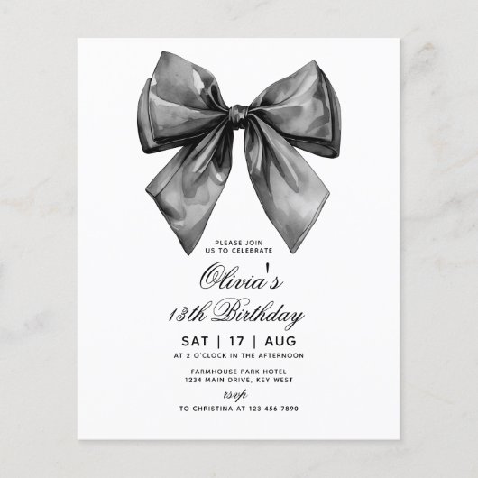 Budget Modern Black Bow Birthday Invitation (正面)