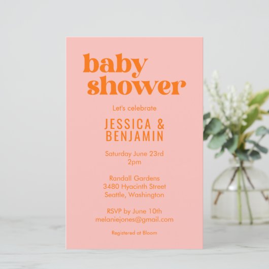 Budget Modern Cute Pink Orange Baby Shower Invite (スタンド正面)