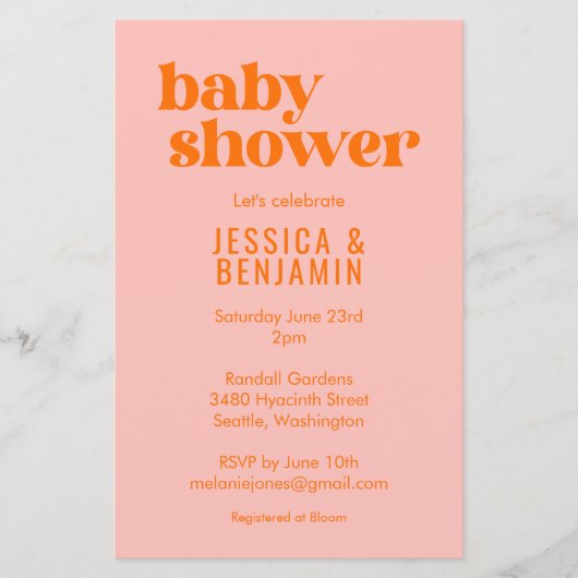 Budget Modern Cute Pink Orange Baby Shower Invite (正面)